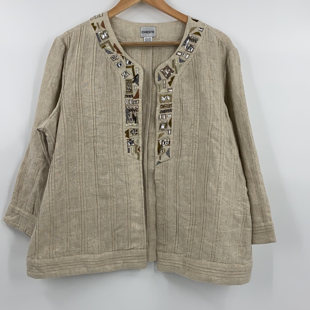 Chico’s linen blend beige neutral jacket elegant artsy embroidered boho